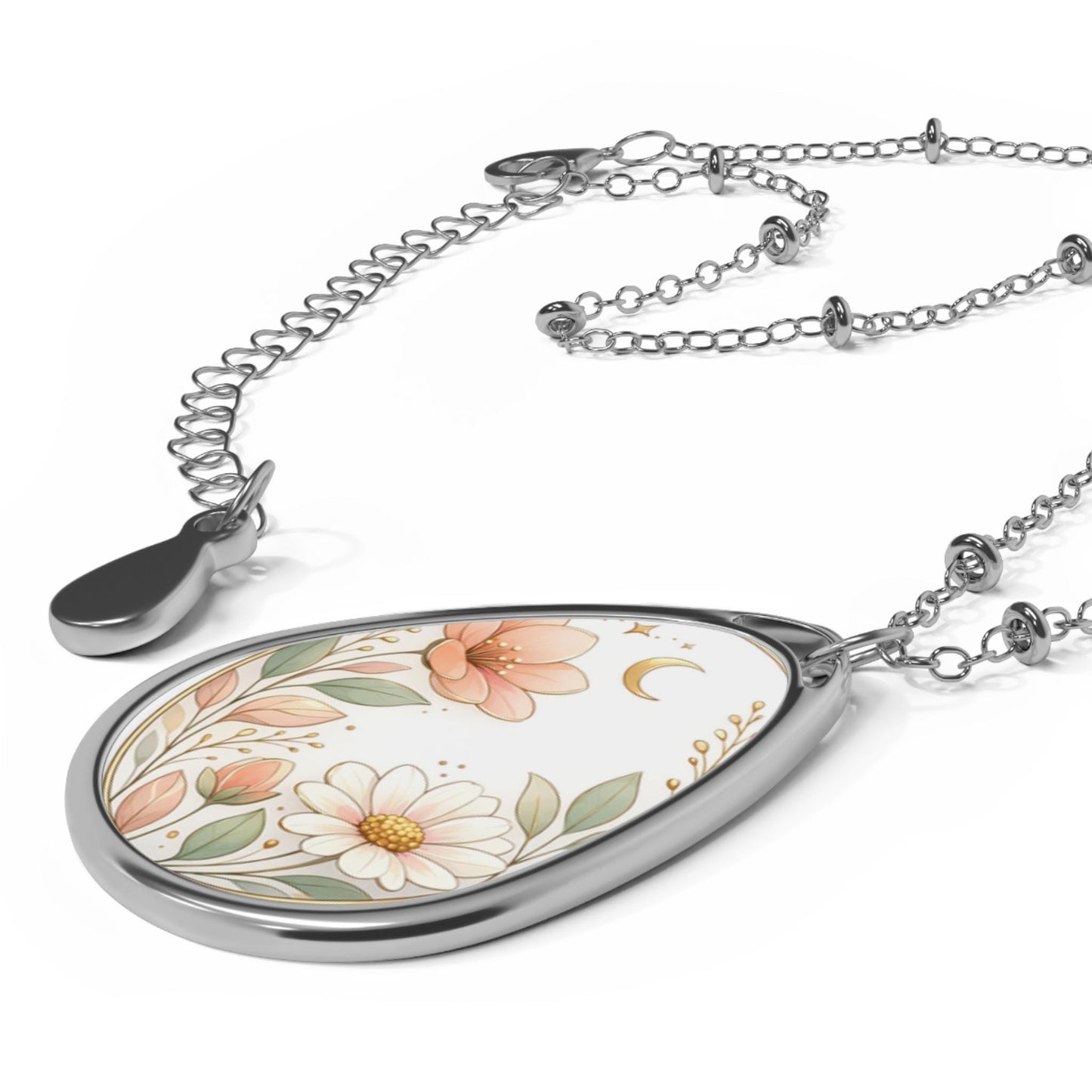 Floral Moon Oval Necklace | Teardrop Pendant with Daisies