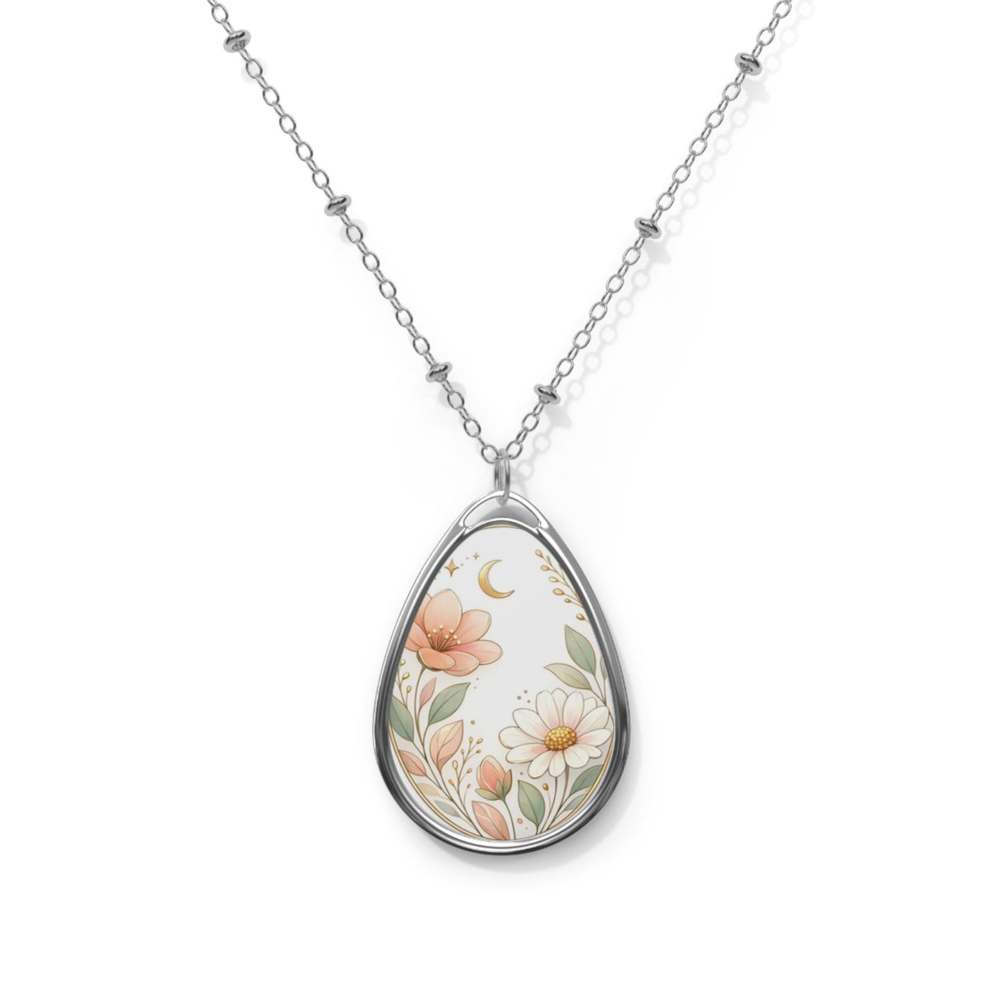 Floral Moon Oval Necklace | Teardrop Pendant with Daisies