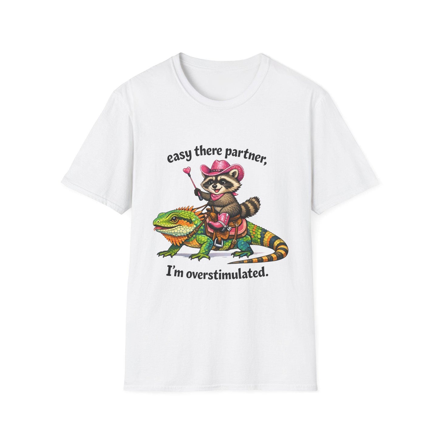Raccoon Cowboy on Lizard T-Shirt | "easy there partner, I'm overstimulated."