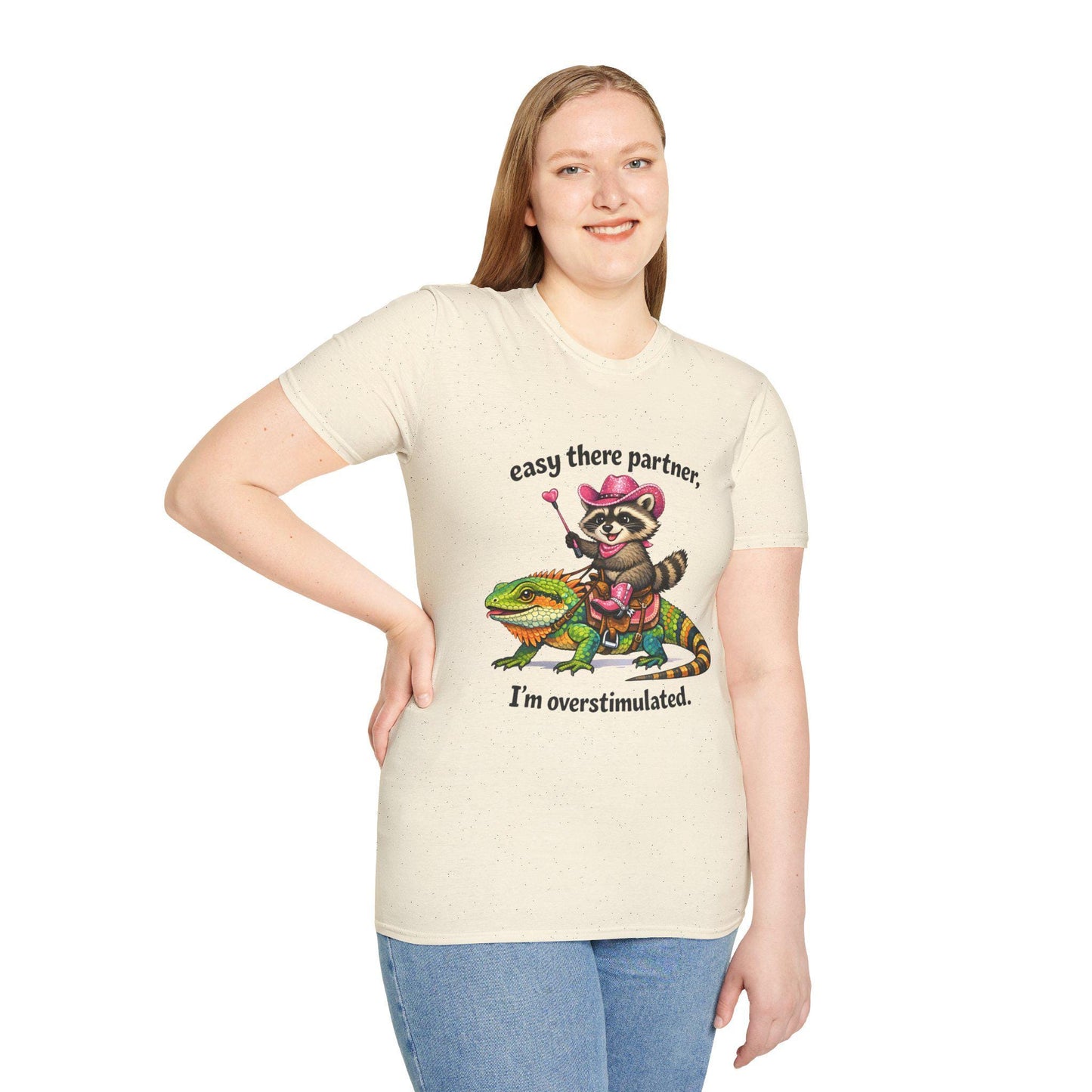 Raccoon Cowboy on Lizard T-Shirt | "easy there partner, I'm overstimulated."