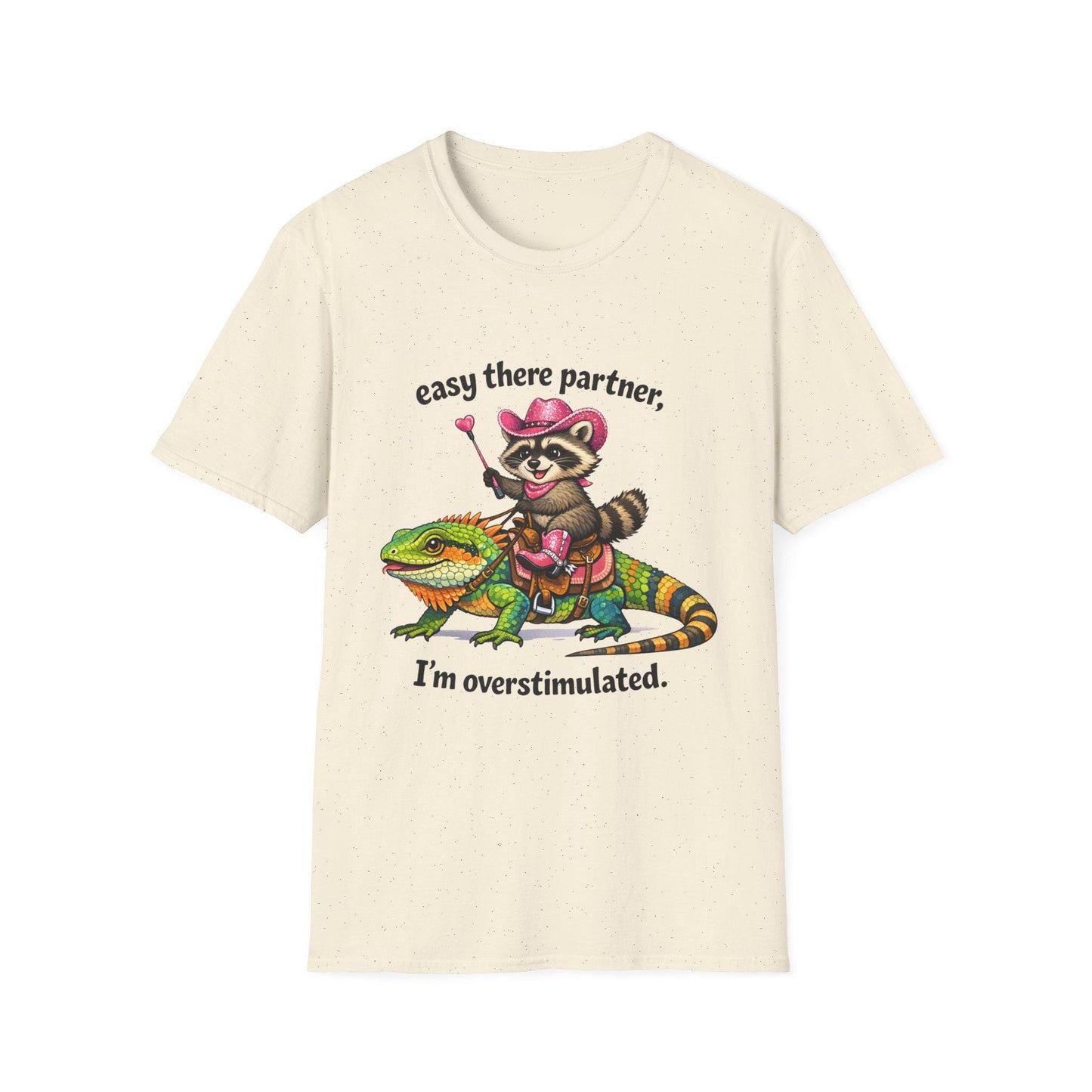 Raccoon Cowboy on Lizard T-Shirt | "easy there partner, I'm overstimulated."