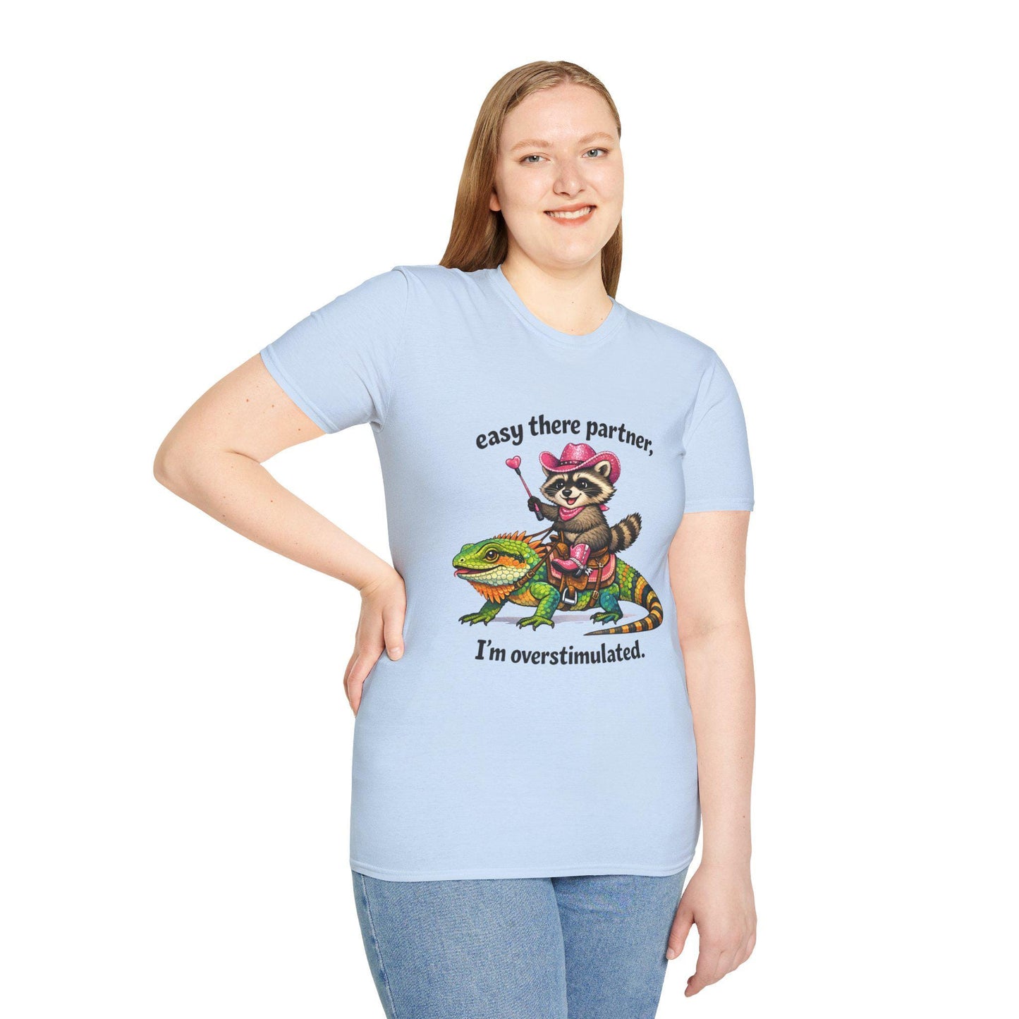 Raccoon Cowboy on Lizard T-Shirt | "easy there partner, I'm overstimulated."