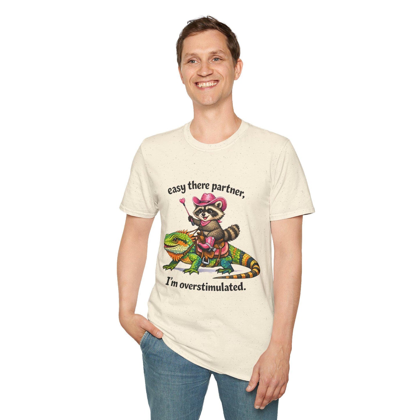 Raccoon Cowboy on Lizard T-Shirt | "easy there partner, I'm overstimulated."