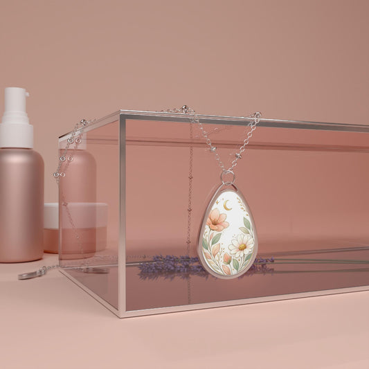 Floral Moon Oval Necklace | Teardrop Pendant with Daisies