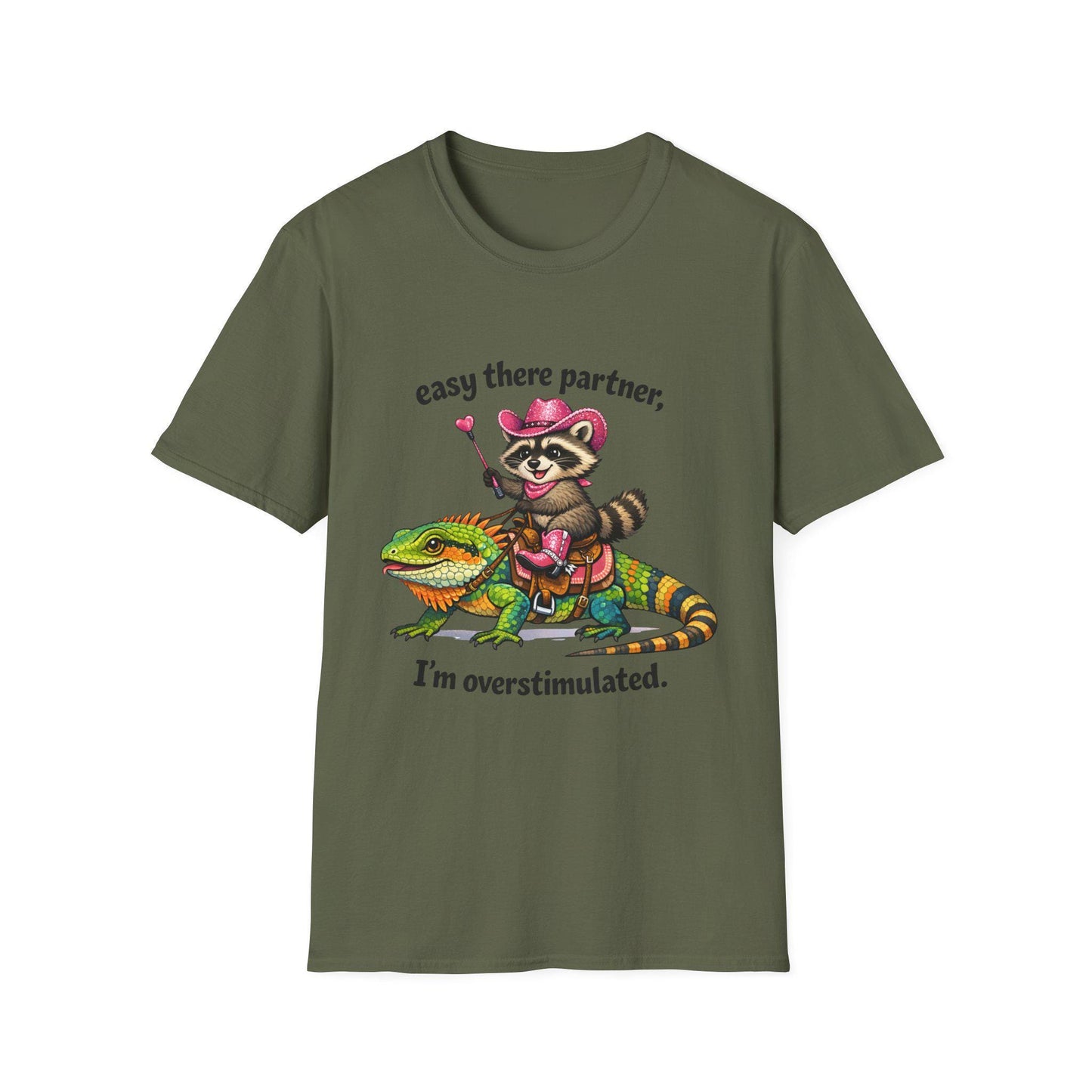 Raccoon Cowboy on Lizard T-Shirt | "easy there partner, I'm overstimulated."