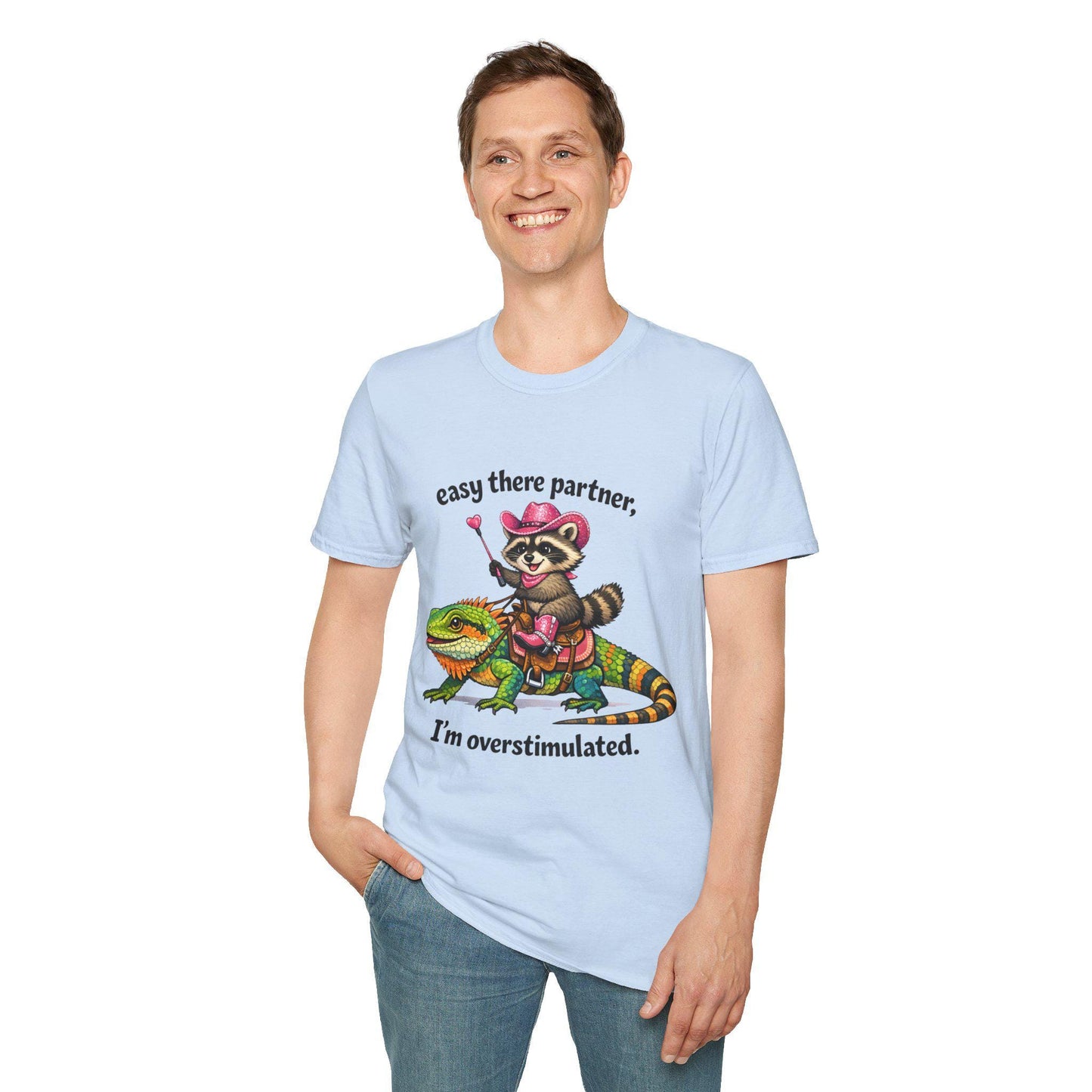 Raccoon Cowboy on Lizard T-Shirt | "easy there partner, I'm overstimulated."