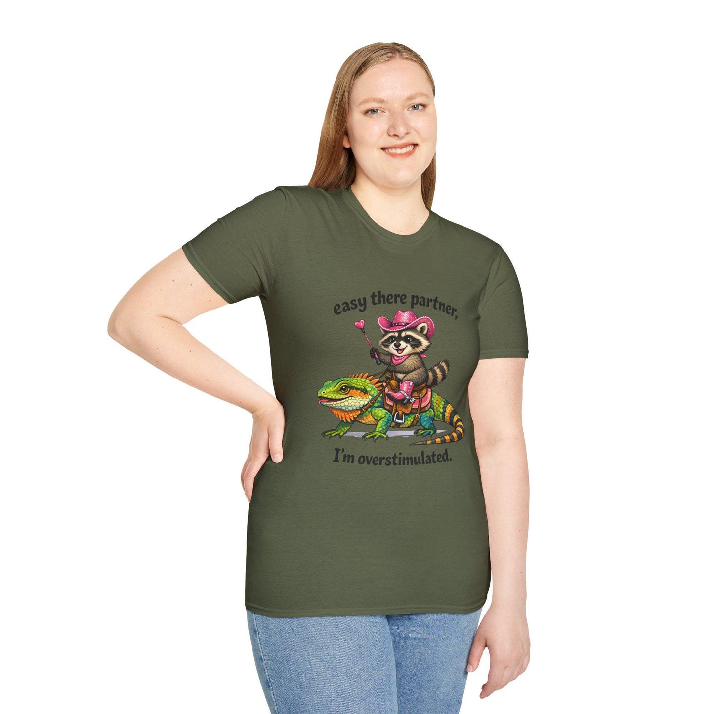 Raccoon Cowboy on Lizard T-Shirt | "easy there partner, I'm overstimulated."